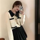 Color-block Cardigan / Pleated Mini Skirt