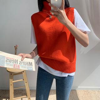 Turtle-neck Sleeveless Slit-back Knit Top