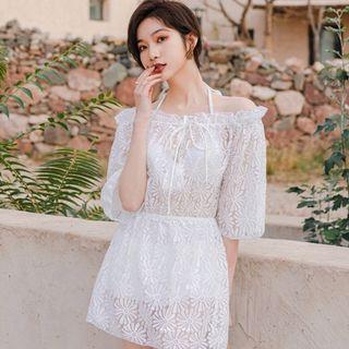 Set: Halter-neck Bikini Top + Lace Swim Shorts + Cover Up