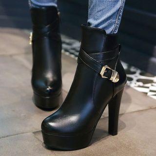 Buckled Faux Leather Heeled Ankle Boots