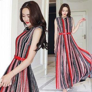 Sleeveless Color Striped Maxi Dress With Belt