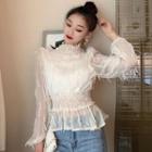Mock Neck Long-sleeve Fringed Top