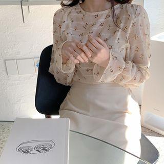 Bell-cuff See-through Floral Blouse