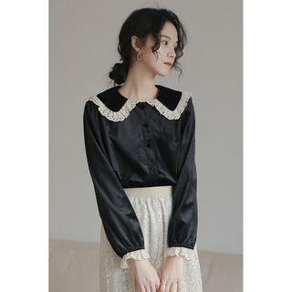 Lace Trim Long-sleeve Blouse Black - One Size