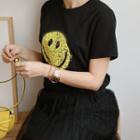Sequined-smile Lace-panel T-shirt