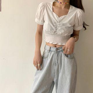 Short-sleeve Shirred Cropped Blouse