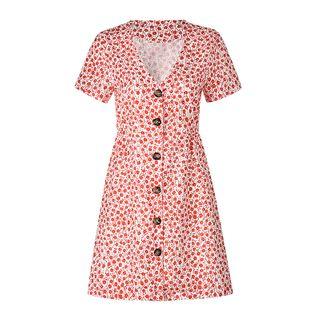Short-sleeve Floral Print Button Mini A-line Dress