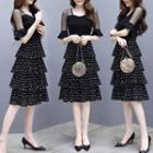 Short-sleeve Dotted Midi A-line Tiered Dress