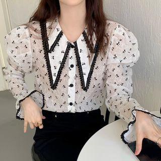 Lace Trim Bow Print Blouse