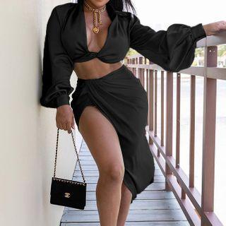 Set: Satin Cropped Blouse + Slit Midi Pencil Skirt