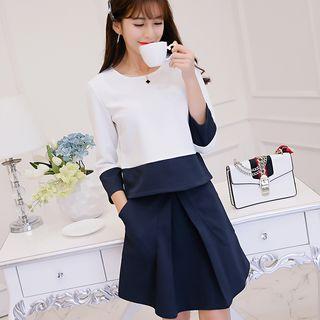 Set: 3/4-sleeved Color-block Top + A-line Skirt