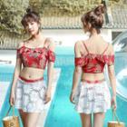 Set: Floral Print Swim Top + Bottom + Lace Cover-up