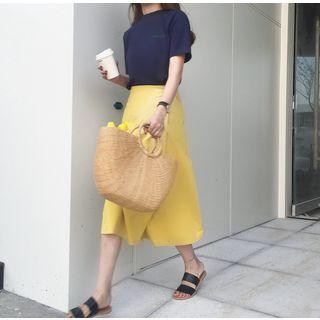 Set: Letter Embroidered Short Sleeve T-shirt + Plain Midi Skirt