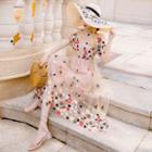 Floral Embroidered Mesh Short-sleeve A-line Maxi Dress