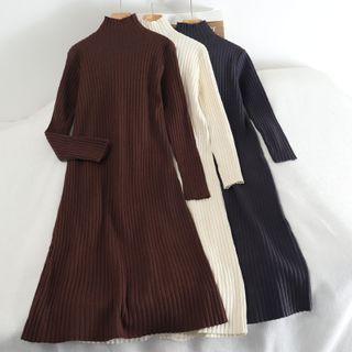 Long-sleeve Mock-neck Ribbed Knit Midi Dress