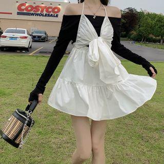 Long-sleeve Off-shoulder Top / Halter-neck Tie-front Mini A-line Dress