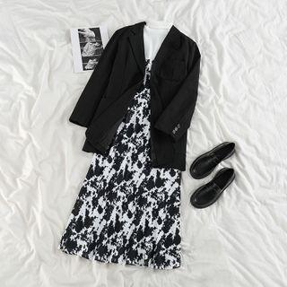 Plain Loose-fit Blazer / Print Sleeveless Dress / Plain Mock-neck Long-sleeve Top