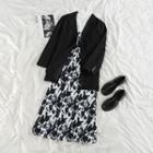 Plain Loose-fit Blazer / Print Sleeveless Dress / Plain Mock-neck Long-sleeve Top