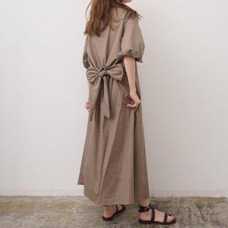 Puff-sleeve Bow-back Midi A-line Dress Khaki - One Size