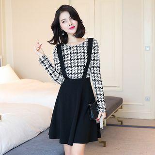 Mock Two Piece Houndstooth Panel Long Sleeve Dress
