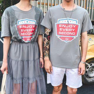 Women Set: Print T-shirt Dress + Mesh Skirt / Men Short-sleeve T-shirt