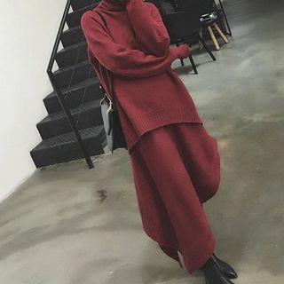 Set: Turtleneck Sweater + Midi Asymmetric Hem Skirt