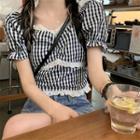Puff-sleeve Gingham Blouse Gingham - Black & White - One Size