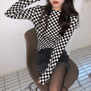 Long-sleeve Checkered Turtleneck T-shirt