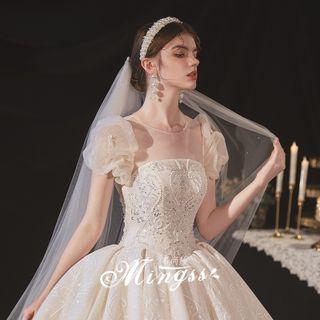 Puff-sleeve Sequined Embellished A-line Wedding Gown