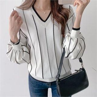 V-neck Balloon-sleeve Stripe Top