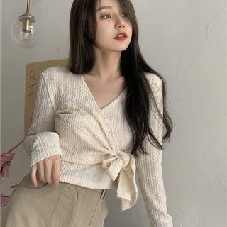 Long-sleeve Textured Wrap Top
