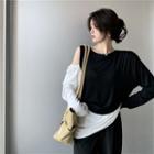 Two-tone Cold-shoulder Long-sleeve T-shirt Black & White - One Size