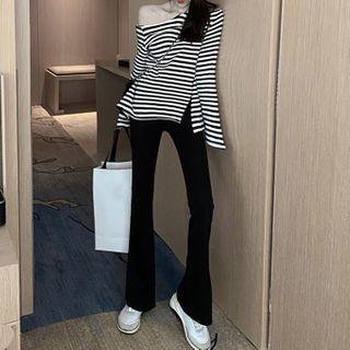 Off-shoulder Long-sleeve Striped T-shirt / Boot-cut Pants