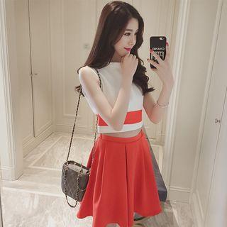 Set: Colour Block Sleeveless Top + Ruffle Skirt