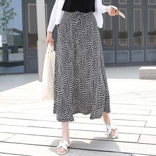 Tie-waist Patterned Long Flare Skirt