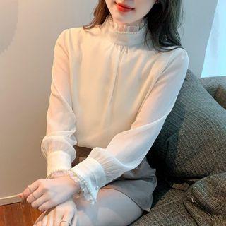Long-sleeve Faux Pearl Frill Trim Chiffon Blouse