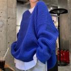 V-neck Drop-shoulder Sweater Blue - One Size