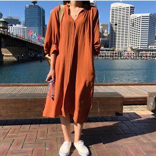 3/4-sleeve Midi Shirt Dress Orange - One Size