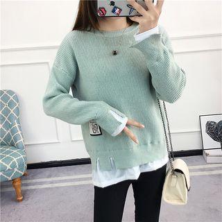 Set: Applique Ripped Hem Sweater + Plain Long Sleeve T-shirt