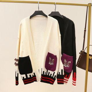 Cat Embroidered Ripped Open Front Cardigan