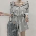 Short-sleeve Lettering Drawstring Waist Hooded Playsuit Gray - One Size