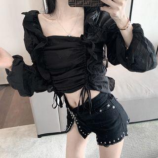 Ruffled Drawstring Cropped Blouse Black - One Size