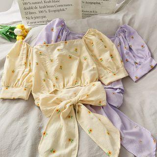 Ribbon-back Daisy-print Boatneck Crop Top
