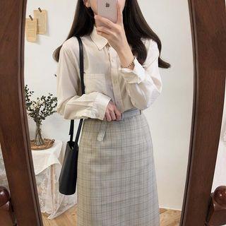 Plaid Single-breasted Blazer / Midi Straight-fit Skirt
