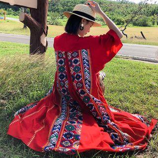 Printed Elbow-sleeve Open Front Long Jacket Red - One Size