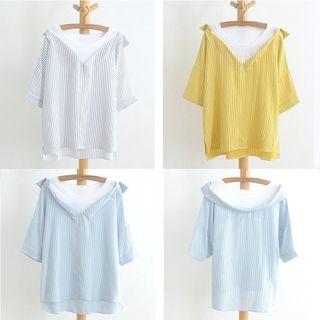 Mock Two-piece Striped Elbow-sleeve Top