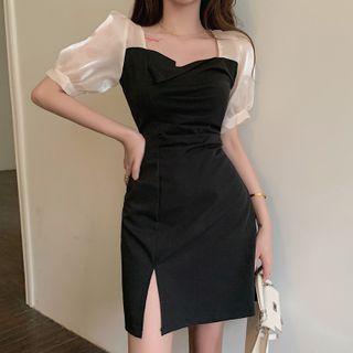 Puff-sleeve Panel Asymmetric Side-slit Dress Black - One Size