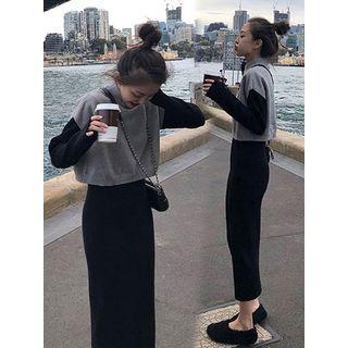 Set: Knit Vest + Long-sleeve Mid Sheath Dress