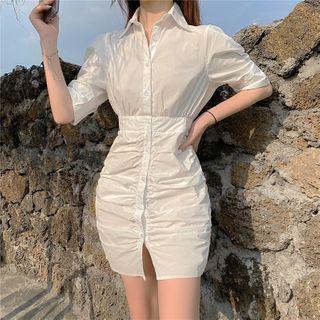 Short-sleeve Crinkled Mini Sheath Shirt Dress
