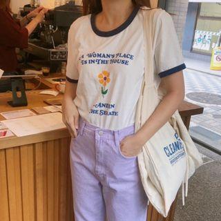 Short-sleeve Flower Print Ringer T-shirt White - One Size